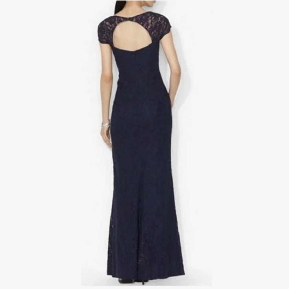 Lace Evening Gown; Navy Blue, Size 6